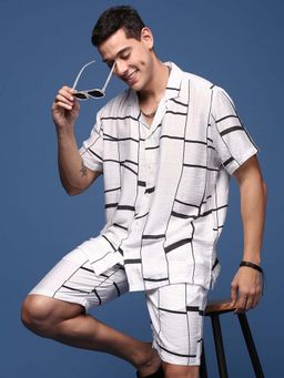 SHOWOFF - Mens Printed Cuban Collar White Relaxed Fit Co-Ords (Set of 2)