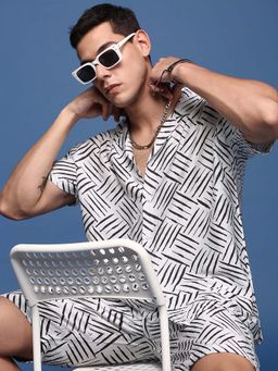 SHOWOFF - Mens Printed Cuban Collar White Relaxed Fit Co-Ords (Set of 2)