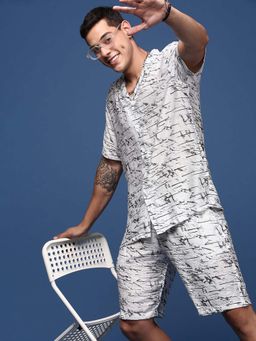 SHOWOFF - Mens Abstract Cuban Collar White Relaxed Fit Co-Ords (Set of 2)