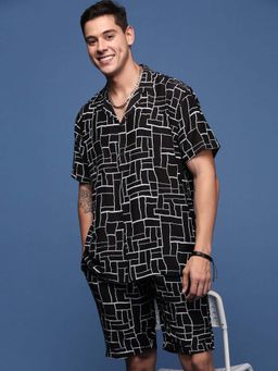 SHOWOFF - Mens Printed Cuban Collar Black Relaxed Fit Co-Ords (Set of 2)