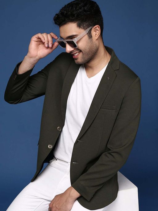 SHOWOFFFF Mens Green Slim Fit Single Breasted Blazer