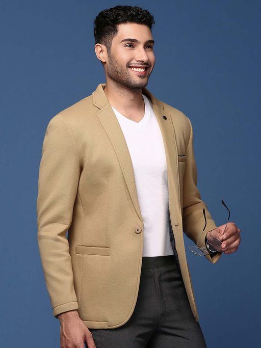 SHOWOFFFF Mens Khaki Slim Fit Single Breasted Blazer