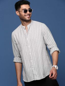 SHOWOFFFF - Mens Mandarin Collar Striped Grey Slim Fit Shirt