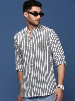 SHOWOFFFF - Mens Mandarin Collar Striped White Slim Fit Shirt