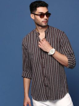 SHOWOFF - Mens Mandarin Collar Striped Brown Slim Fit Shirt
