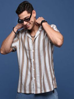 SHOWOFF - Mens Cuban Collar Striped Brown Relaxed Fit Shirt
