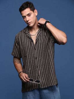 SHOWOFF - Mens Cuban Collar Striped Brown Relaxed Fit Shirt
