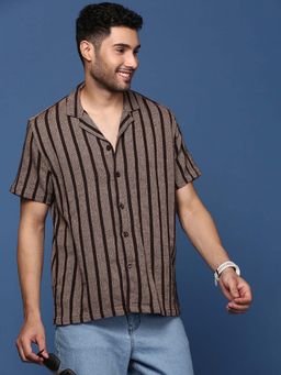 SHOWOFF - Mens Cuban Collar Striped Brown Relaxed Fit Shirt