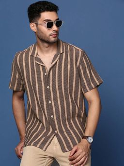 SHOWOFFFF - Mens Cuban Collar Striped Beige Relaxed Fit Shirt
