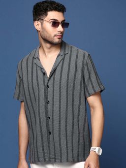 SHOWOFF - Mens Cuban Collar Striped Grey Relaxed Fit Shirt