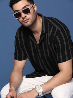 SHOWOFFFF - Mens Cuban Collar Striped Black Relaxed Fit Shirt