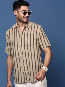 SHOWOFFFF - Mens Striped Beige Slim Fit Shirt