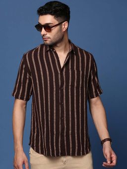 SHOWOFFFF - Mens Striped Brown Slim Fit Shirt