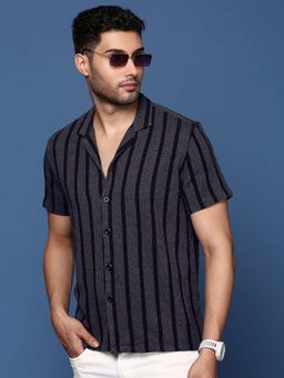 SHOWOFF - Mens Cuban Collar Striped Grey Relaxed Fit Shirt