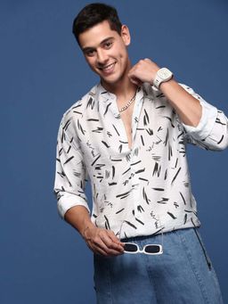 SHOWOFFFF - Mens Mandarin Collar Printed White Slim Fit Shirt