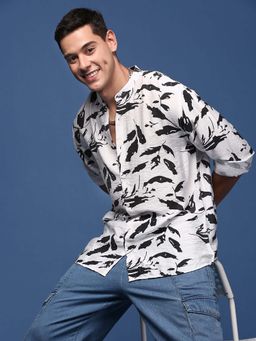 SHOWOFF - Mens Mandarin Collar Abstract White Slim Fit Shirt