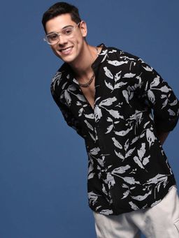 SHOWOFFFF - Mens Mandarin Collar Printed Black Slim Fit Shirt