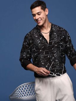 SHOWOFFFF - Mens Mandarin Collar Printed Black Slim Fit Shirt