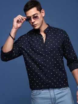 SHOWOFF - Mens Mandarin Collar Polka Dots Navy Blue Slim Fit Shirt