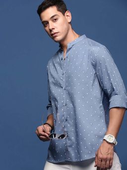 SHOWOFF - Mens Mandarin Collar Polka Dots Blue Slim Fit Shirt