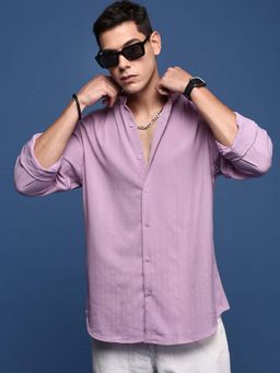SHOWOFFFF - Mens Mandarin Collar Solid Lavender Slim Fit Shirt