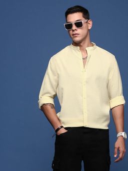 SHOWOFFFF - Mens Mandarin Collar Solid Yellow Slim Fit Shirt