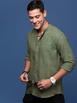 SHOWOFFFF - Mens Mandarin Collar Solid Green Slim Fit Shirt