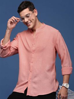 SHOWOFFFF - Mens Mandarin Collar Solid Peach Slim Fit Shirt
