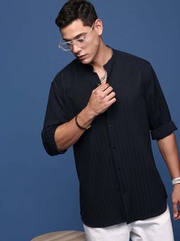 SHOWOFF - Mens Mandarin Collar Stripes Navy Blue Slim Fit Shirt