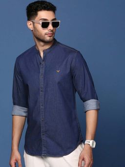 SHOWOFF - Mens Mandarin Collar Solid Navy Blue Slim Fit Shirt