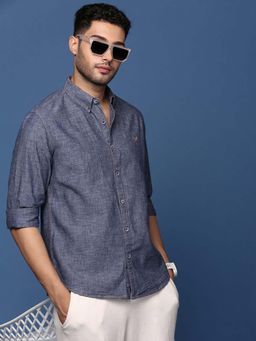 SHOWOFF - Mens Collared Solid Blue Slim Fit Shirt