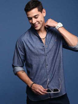 SHOWOFF - Mens Collared Solid Navy Blue Slim Fit Shirt