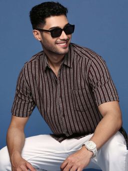 SHOWOFF - Mens Striped Brown Slim Fit Shirt