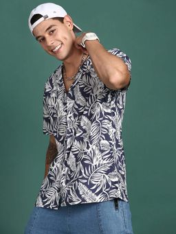 SHOWOFF - Mens Cuban Collar Printed Navy Blue Relaxed Fit Shirt