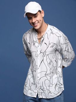 SHOWOFF - Mens Mandarin Collar Printed White Slim Fit Shirt