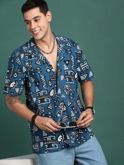 SHOWOFF - Mens Cuban Collar Geometric Blue Relaxed Fit Shirt