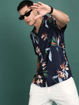 SHOWOFF - Mens Cuban Collar Floral Navy Blue Relaxed Fit Shirt