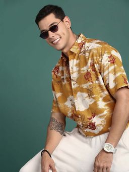SHOWOFF - Mens Printed Mustard Slim Fit Shirt