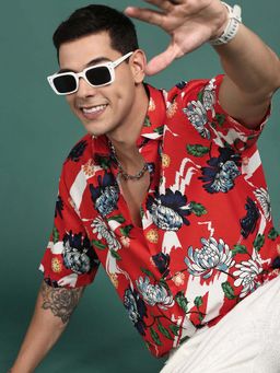 SHOWOFF - Mens Floral Orange Slim Fit Shirt