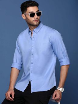 SHOWOFFFF - Mens Collared Solid Blue Slim Fit Shirt