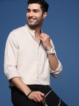 SHOWOFF - Mens Mandarin Collar Solid Slim Fit Beige Shirt