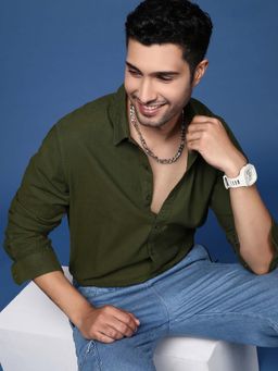 SHOWOFF - Mens Solid Slim Fit Olive Shirt