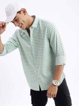 SHOWOFF - Mens Stripes Slim Fit Green Shirt