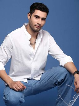 SHOWOFFFF - Mens Mandarin Collar Solid Slim Fit White Shirt
