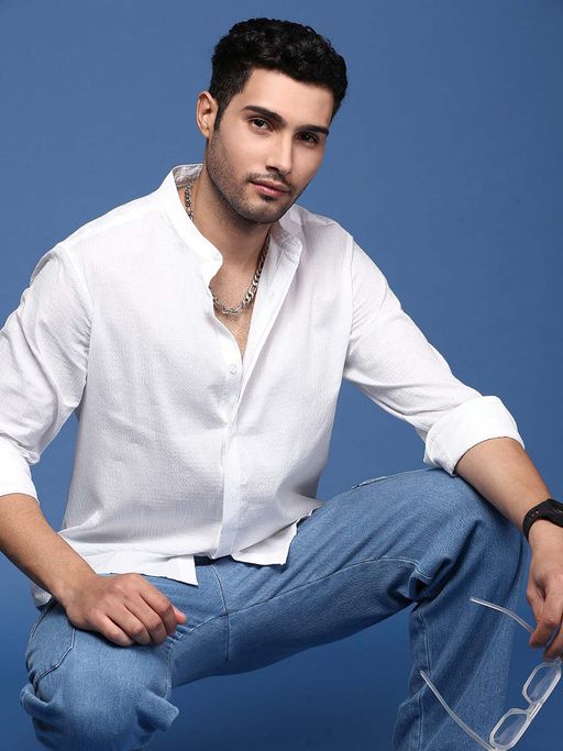 SHOWOFFFF Mens Mandarin Collar Solid Slim Fit White Shirt