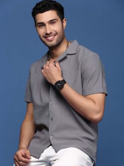SHOWOFFFF - Mens Cuban Collar Textured Relaxed Fit Grey Shirt