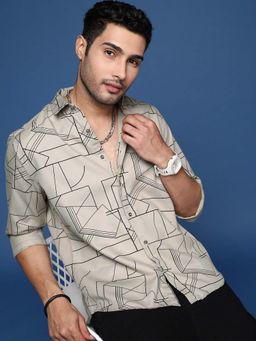 SHOWOFFFF - Mens Geometric Slim Fit Beige Shirt