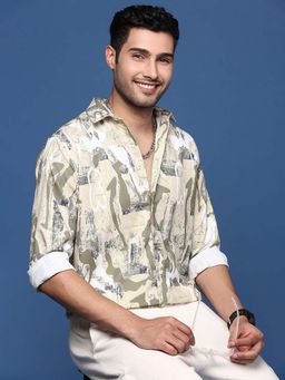 SHOWOFF - Mens Abstract Slim Fit Beige Shirt