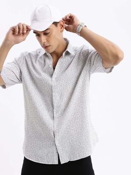 SHOWOFF - Mens Short Sleeves Floral Slim Fit White Shirt