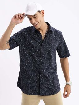 SHOWOFF - Mens Short Sleeves Abstract Slim Fit Navy Blue Shirt